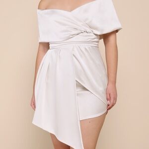 Lulus Always Celebrating Ivory Satin Off-the-shoulder Mini Dress White - Size S